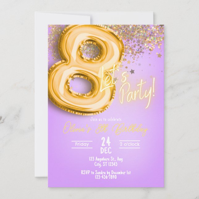 Purple Glitter 8th Birthday Invitation Einladung (Vorderseite)