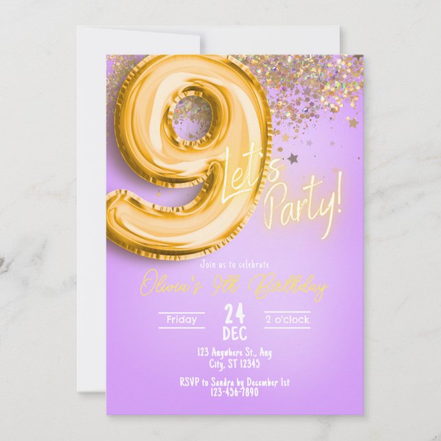 Purple Glitter 9th Birthday Invitation Einladung (Vorderseite)