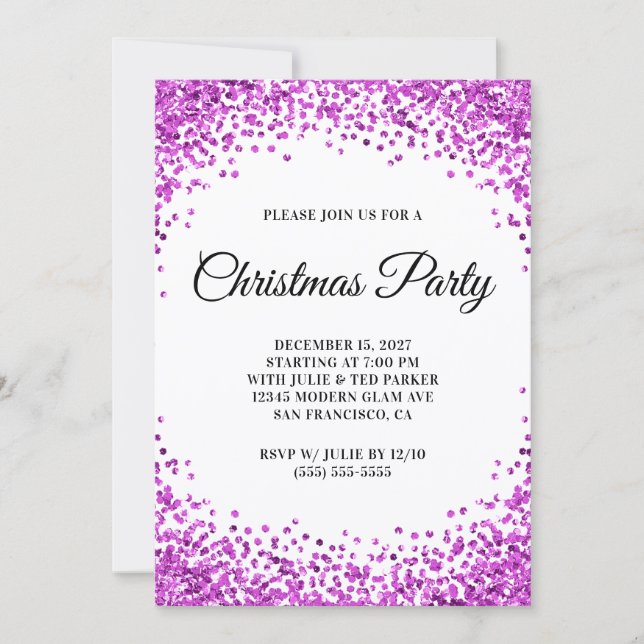 Purple Glitter Border White Christmas Party Einladung (Vorderseite)