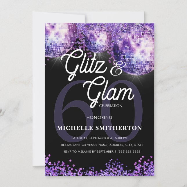 Purple Glitter Disco Glitz Glam 60th Birthday Invi Einladung (Vorderseite)