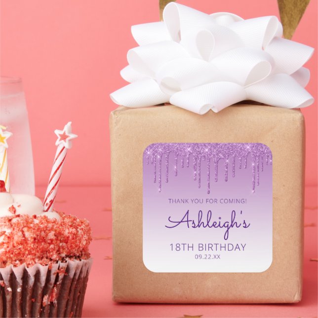 Purple Glitter Drip 18th Birthday Party Thank You Quadratischer Aufkleber (Party)