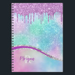 Purple Glitter Drips, Iridescent, Name & Monogram Notizblock<br><div class="desc">Personalize with purple name and white monogram on teal,  blue and purple Iridescent background with Purple Glitter Drips. Click “Customize” to change colors and type styles.</div>