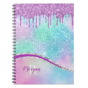 Purple Glitter Drips, Iridescent, Name & Monogram Notizblock