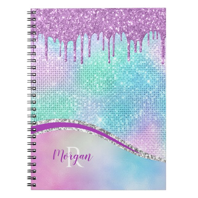 Purple Glitter Drips, Iridescent, Name & Monogram Notizblock (Vorderseite)