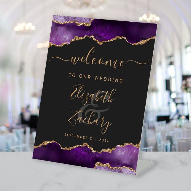 Purple Gold Agate Dark Wedding Welcome Sockelschild (Von Creator hochgeladen)