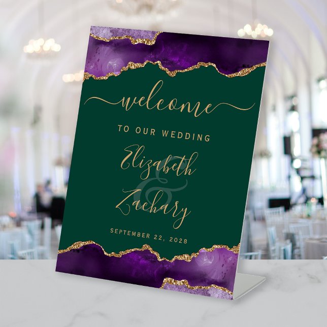 Purple Gold Agate Emerald Green Wedding Welcome Sockelschild (Von Creator hochgeladen)