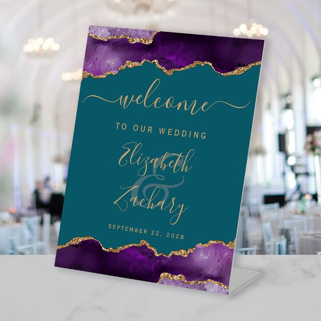 Purple Gold Agate Teal Blue Wedding Welcome Sockelschild (Von Creator hochgeladen)
