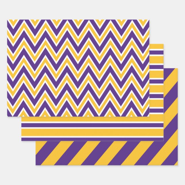 Purple, Gold, and White Chevron & Stripe Pattern Geschenkpapier Set (Set)