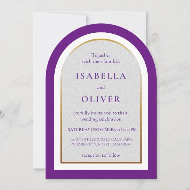 Purple gold and white simplistic wedding einladung (Vorderseite)