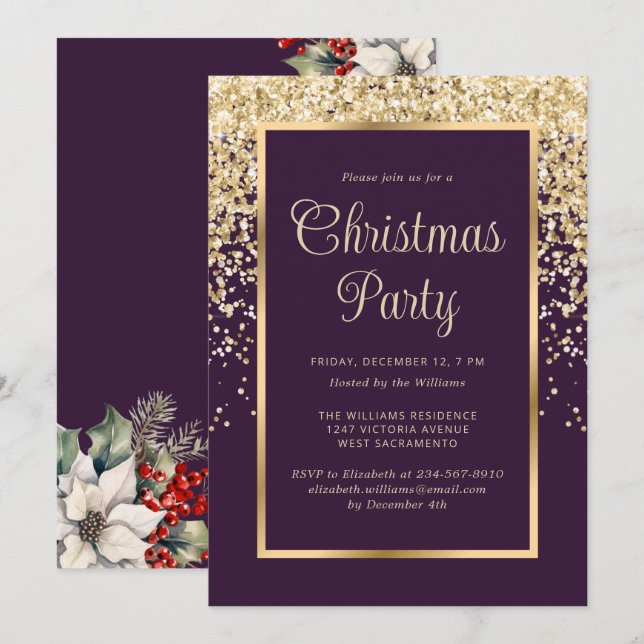 Purple Gold Confetti Botanical Christmas Party Einladung (Vorne/Hinten)