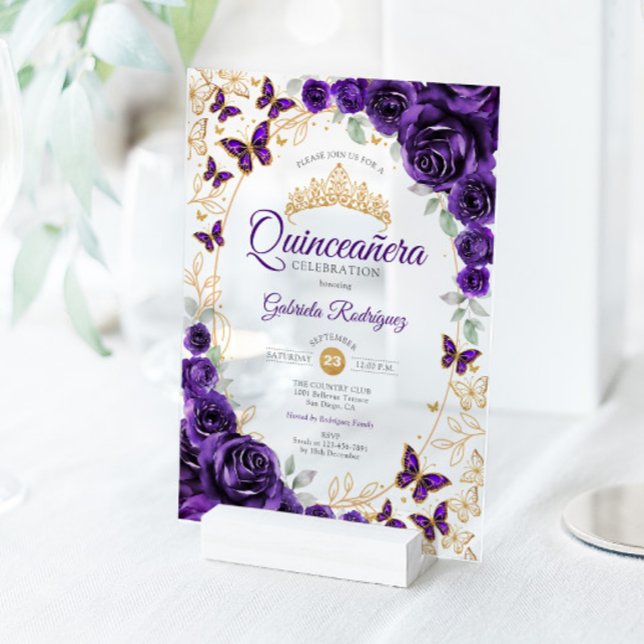 Purple Gold Floral Quinceanera Acryleinladungen (Von Creator hochgeladen)