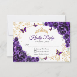 Purple Gold Floral Quinceanera Reply RSVP Karte