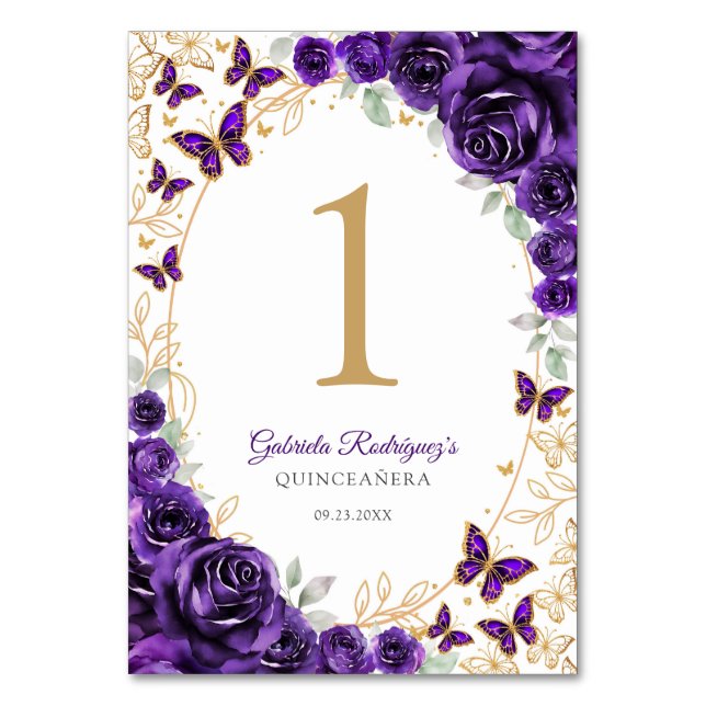 Purple Gold Floral Quinceanera Tischnummer (Vorderseite)
