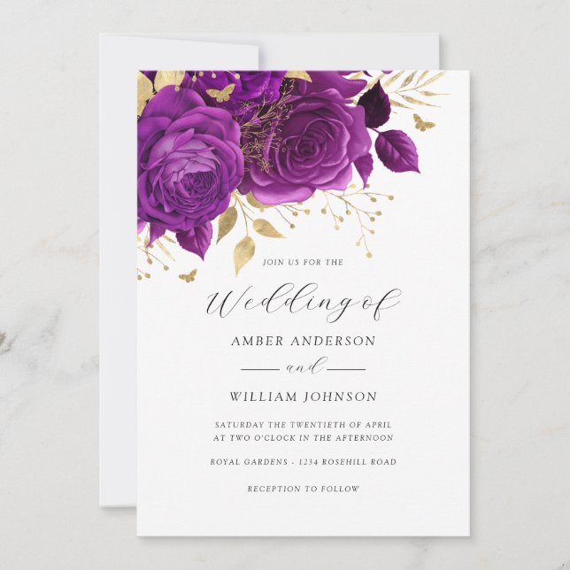 Purple Gold Floral Rose Wedding   Einladung (Vorderseite)
