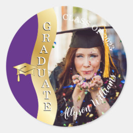 Purple | Gold Graduate Wave Grad Cap Photo Runder Aufkleber