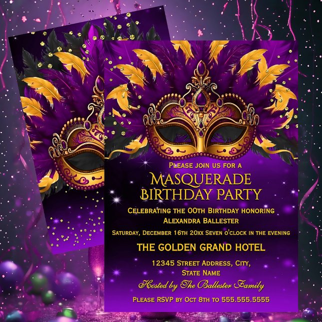 Purple Gold Masks Masquerade Birthday Party Einladung (Von Creator hochgeladen)
