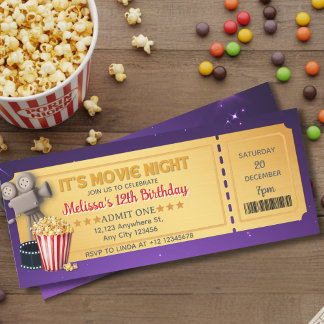 Purple Gold Movie Night Ticket Birthday Party   Einladung