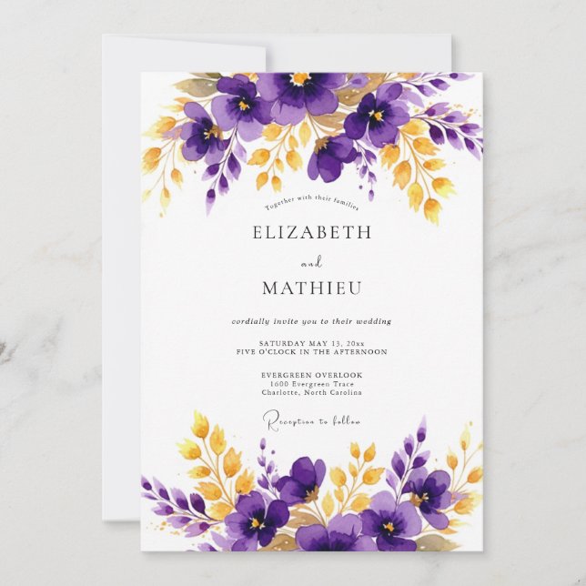 Purple Gold Polished Floral Wedding Einladung (Vorderseite)