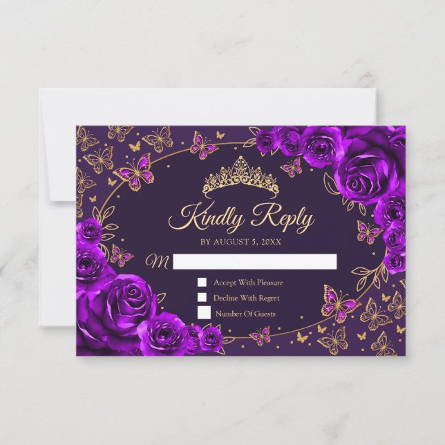 Purple Gold Quinceanera Reply RSVP Karte (Vorderseite)