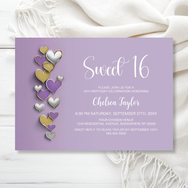 Purple Gold Silver Heart Theme Sweet 16 Birthday Einladung (Von Creator hochgeladen)