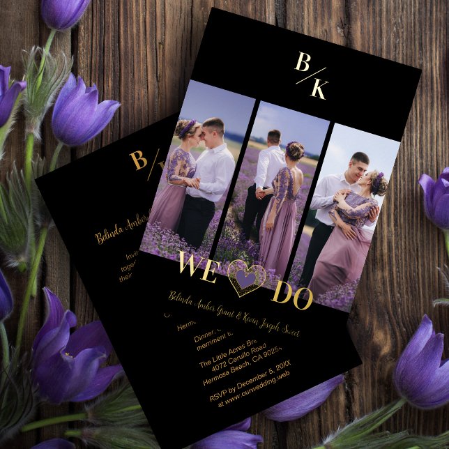 Purple & Gold Stylish Lace Vertical 3 Multi Photos Folieneinladung (Stylish Wedding Invitation: Vertical Collage of 3 Photos and Modern Heart in Purple.)