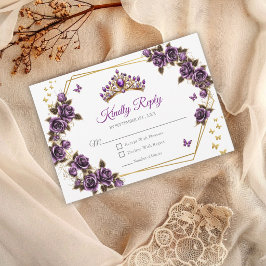 Purple Golden Roses Tiara Butterflies Quinceañera RSVP Karte