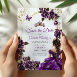 Purple Golden Tiara Roses Butterflies Quinceañera Save The Date