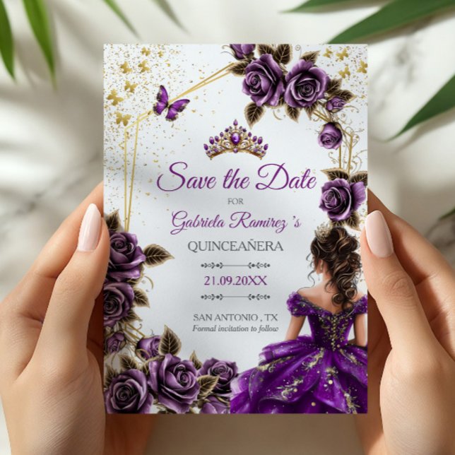 Purple Golden Tiara Roses Butterflies Quinceañera Save The Date (Von Creator hochgeladen)