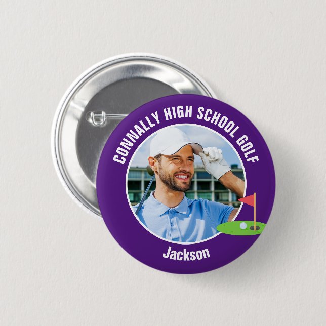 Purple Golfer Photo High School Golf Team Button (Vorne & Hinten)