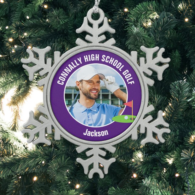 Purple Golfer Photo High School Golf Team Schneeflocken Zinn-Ornament (Von Creator hochgeladen)