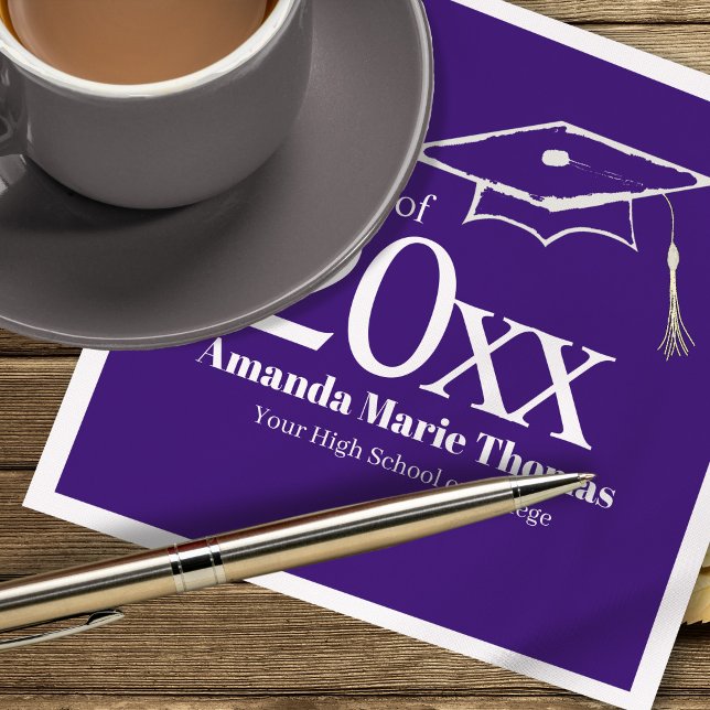 Purple Graduation Cap Class of 20XX Name Serviette (Celebrate your grad in style with a custom purple Class of 20XX party napkin.)