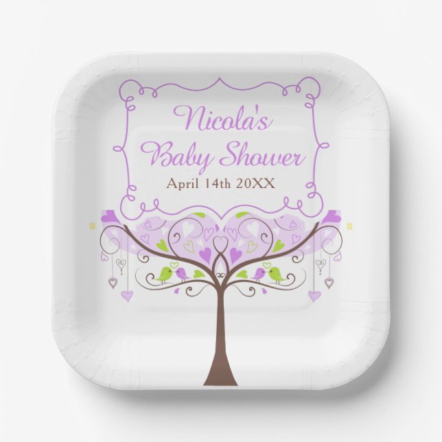 Purple & Green Floral Bird Baby Shower Pappteller (Vorderseite)