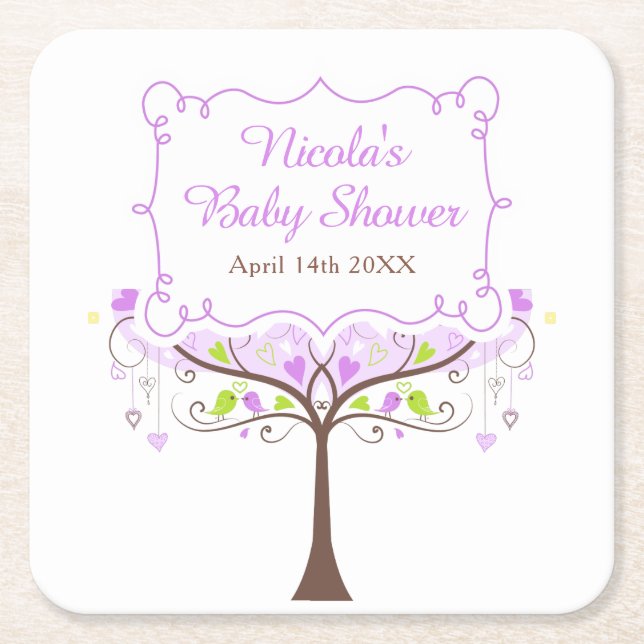 Purple & Green Floral Bird Baby Shower Rechteckiger Pappuntersetzer (Vorderseite)