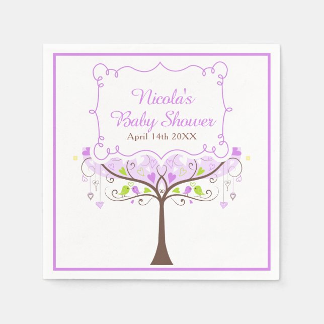 Purple & Green Floral Bird Baby Shower  Serviette (Vorderseite)