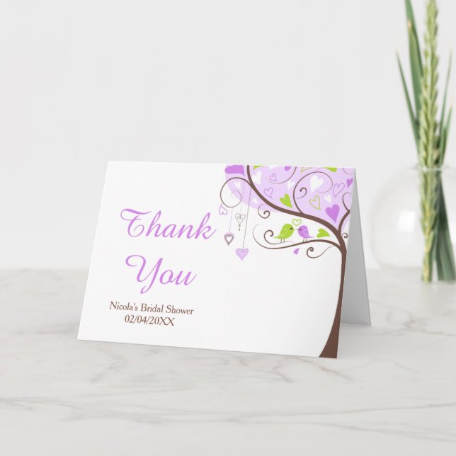 Purple & Green Floral Bird Bridal Shower Thank You Dankeskarte (Vorderseite)