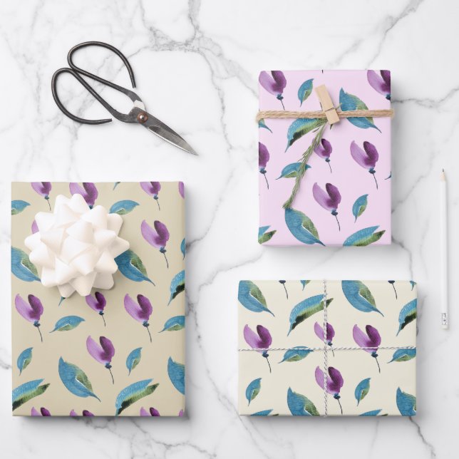 Purple Green Floral Watercolor Hand-painted Geschenkpapier Set (Vorderseite)