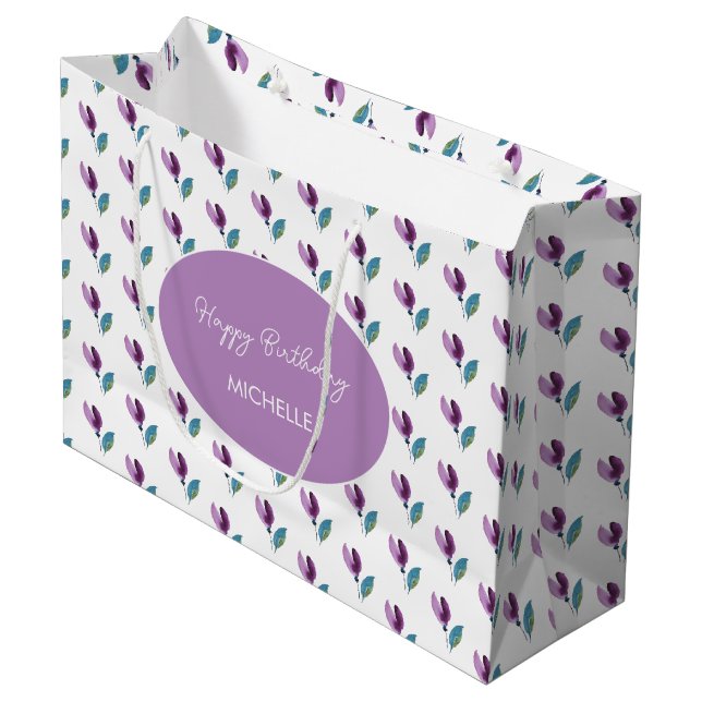 Purple Green Floral Watercolor Hand-painted Große Geschenktüte (Vorderseite Schrägansicht)