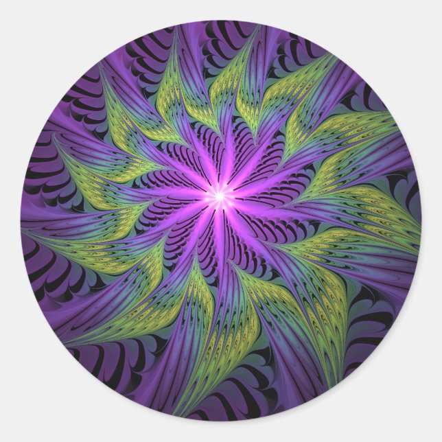 Purple Green Flower Modern Abstract Fractal Art Runder Aufkleber (Vorderseite)