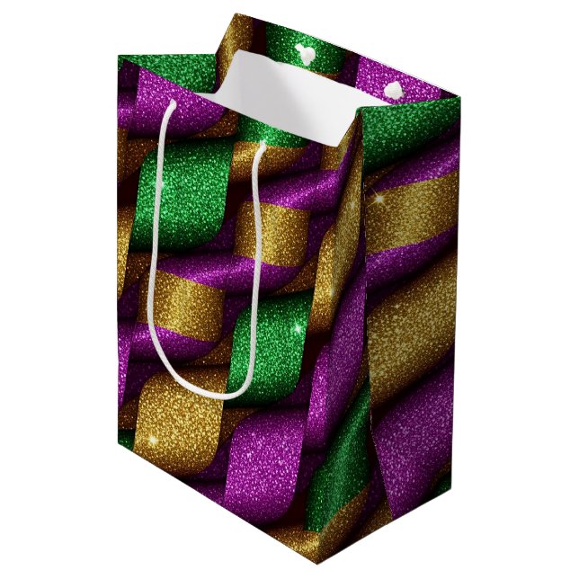 PURPLE GREEN GOLD GLITTER LOOK MARDI GRAS MITTLERE GESCHENKTÜTE (Vorderseite Schrägansicht)