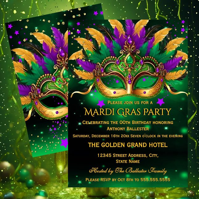 Purple Green Gold Masks Mardi Gras Birthday Party Einladung (Von Creator hochgeladen)