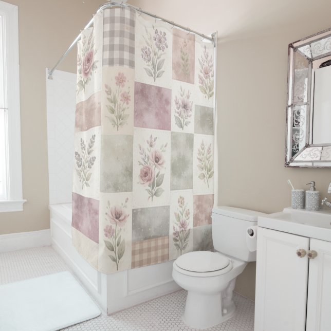 Purple Green Pastel Quilt Patchwork Floral Gingham Duschvorhang (Beispiel)