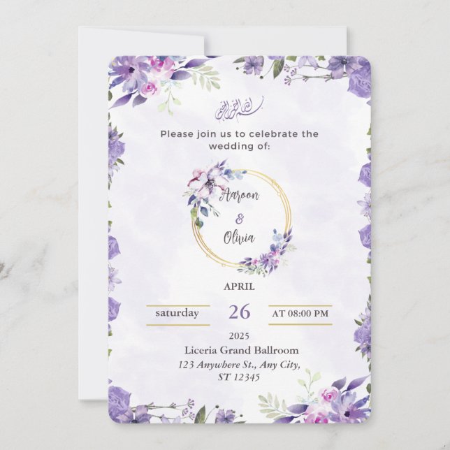 Purple & Green Watercolor Floral Wedding Invitatio Einladung (Vorderseite)