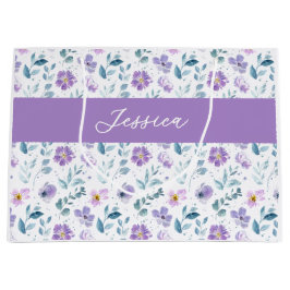 Purple Green Watercolor Wildflower Monogram Name Große Geschenktüte