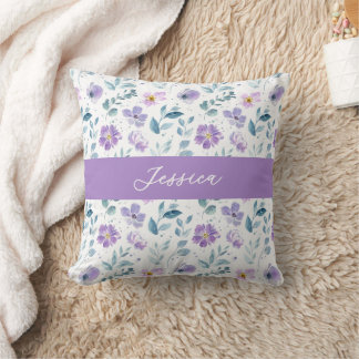 Purple Green Watercolor Wildflower Monogram Name Kissen