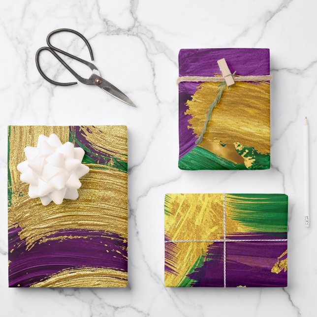 PURPLE GREEN YELLOW MARDI GRAS BRUSH STROKES GESCHENKPAPIER SET (Vorderseite)