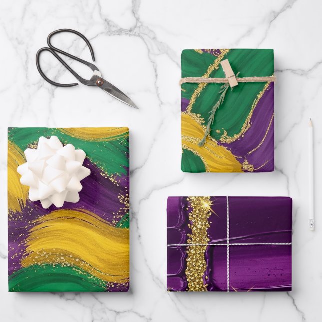 PURPLE GREEN YELLOW MARDI GRAS BRUSH STROKES GESCHENKPAPIER SET (Vorderseite)