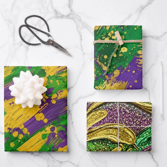 PURPLE GREEN YELLOW MARDI GRAS BRUSH STROKES GESCHENKPAPIER SET (Vorderseite)