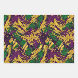 PURPLE GREEN YELLOW MARDI GRAS BRUSH STROKES GESCHENKPAPIER SET