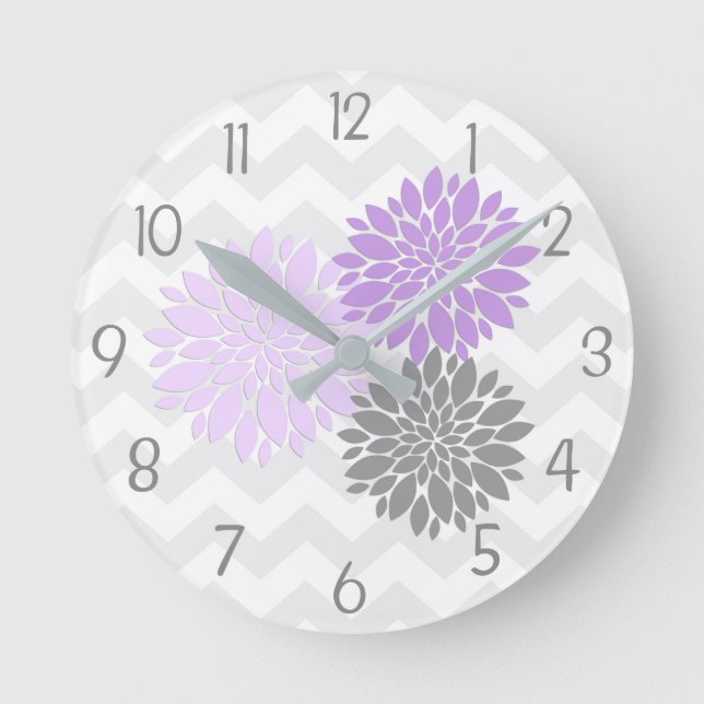 Purple Grey Dahlia Flower Nursery Wall Clock Runde Wanduhr (Vorderseite)