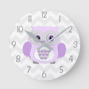 Purple Grey Owl Nursery Wall Clock Runde Wanduhr
